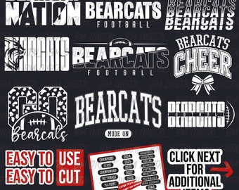 Bearcats voetbalbundel, 9 x SVG- en 18 x PNG-bestand, schoolteam Svg, Bearcats silhouet, Bearcats Cheer, opstrijkbaar, gelaagd
