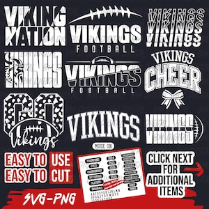 Può includere: Una collezione di disegni grafici bianchi su sfondo scuro con il testo VIKINGS, VIKING NATION, VIKINGS FOOTBALL e VIKINGS CHEER. Include icone di football, un fiocco, scritte con stampa leopardata e una tabella con anni e categorie sportive.