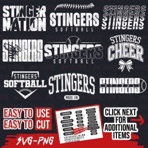 May include: A black and white graphic design set for a softball team called the "Stingers". The set includes various designs with the team name and the word "softball". There are also designs with the words "Stinger Nation", "Stingers Cheer", and "Mode On".