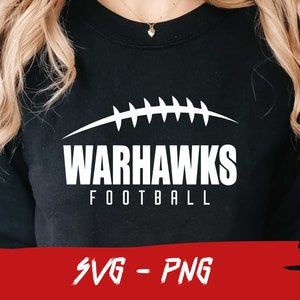 May include: Black sweatshirt with a white graphic design of a football with the text "Warhawks Football".