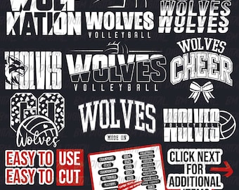 May include: A digital design file for a volleyball team with the words "Wolf Nation Wolves Volleyball" and "Wolves Volleyball" in white text on a black background. The design also includes a wolf head, a volleyball, and the words "Wolves Cheer" and "Wolves Mode On".