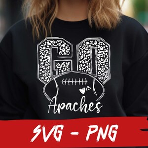 May include: Black sweatshirt with a white graphic design of a football with the words "Go Apaches" in a leopard print font.