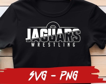 Puede incluir: Camiseta negra con texto blanco que dice "Jaguars Wrestling" con un gráfico de un ring de lucha libre.