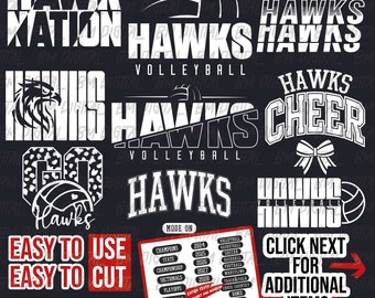 Hawks Volleyball Bundle, 9x SVG and 18x PNG File, School Team Svg, Hawks Silhouette, Hawks Cheer, Iron On, Layered