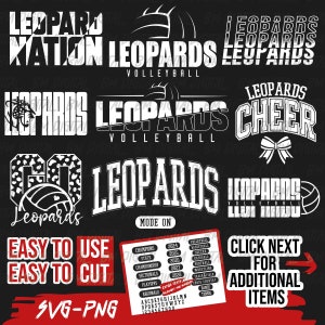May include: A set of black and white digital design files for creating custom apparel and crafts. The designs feature the word "Leopards" in various styles and fonts, along with the words "Volleyball", "Cheer", and "Mode On". The designs also include a volleyball graphic, a bow, and a leopard print pattern. The text "Easy to Use Easy to Cut SVG-PNG" is also included. The designs are perfect for creating t-shirts, hats, bags, and other items.