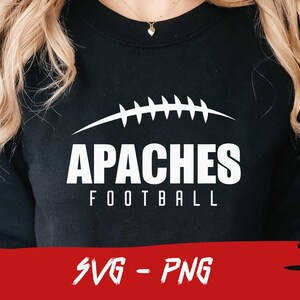 May include: Black sweatshirt with a white graphic of a football and the text "APACHES FOOTBALL".