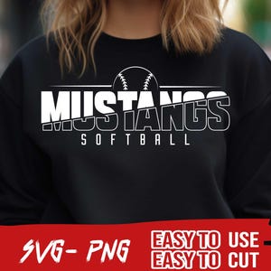 May include: Black sweatshirt with white text that reads "Mustangs Softball" and a white baseball graphic.