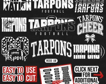 Pakiet piłkarski Tarpons, 9x SVG i 18x PNG, szkolna drużyna piłkarska, sylwetka Tarpons, Tarpons Cheer, żelazko, warstwowe