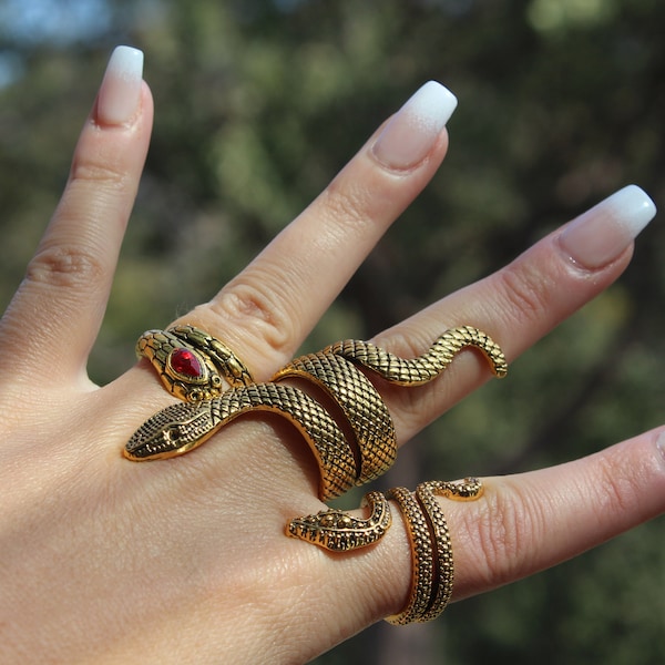 18k Gold Snake Ring, Vintage Serpent Serpentine Jewelry, Adjustable Open Ring, Boho Snake Accessories for Festival, Halloween Gift