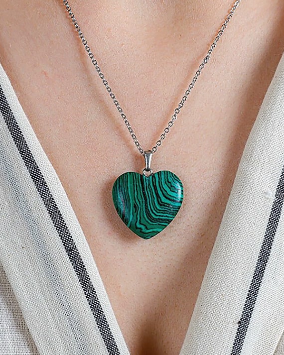 Green Malachite Heart Necklace with Diamonds in Gold