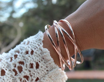 Rose Gold Multi Strand Bangle Bracelet, Statement Open Cuff Bracelet, Luxury Wrist Cuffs, Adjustable Arm Cuff Jewelry, Gift for Her