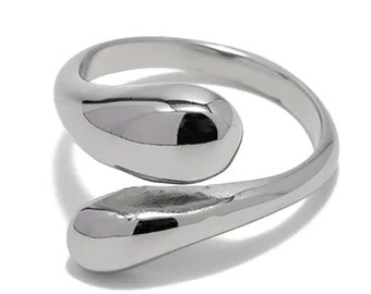Abstracte drop stijl zilveren ring, verstelbare onregelmatige sieraden voor vrouwen, stijlvol statement stuk, uniek cadeau idee, gewaagde dikke open ring