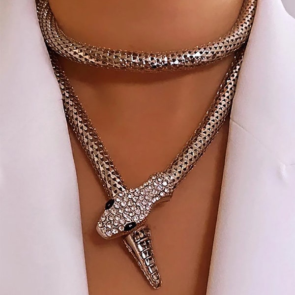 Flexible Snake Choker, Statement Snake Necklace, Silver Snake Bracelet, Gothic Punk Irregular Aesthetic Reptile Animal Jewelry for Women,