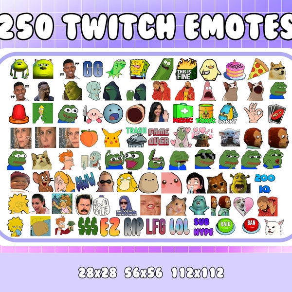 250 émoticônes Twitch Meme - Pack d'émoticônes Discord | Emotes amusants pour Twitch | Mega Bundle de mèmes drôles | YouTube et Discord