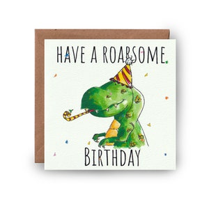 Roarsome Geburtstagskarte, Dinosaurier-Geburtstagskarte, Geburtstagskarte, lustige T-Rex Karte, TREX Geburtstagskarte, Hand gezeichnet, personalisierte Geburtstagskarte