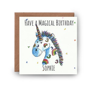 3ème carte d'anniversaire de licorne, carte de troisième anniversaire, personnalisée, carte d'anniversaire de licorne, carte d'anniversaire, carte personnalisée, carte de licorne