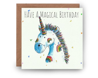 Unicorn Birthday Card, Birthday Card, Birthday Cards, Cute Birthday, hand drawn Birthday card, personalised card, Magical Unicorn