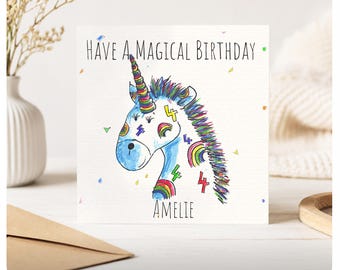 ユニコーンの4歳の誕生日カード、レインボーユニコーンカード、手描きのカード