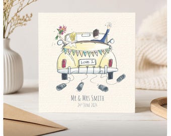 May include: A square greeting card featuring a watercolor illustration of a yellow convertible car with a Just Married banner, tin cans attached to the bumper, and two people inside. The text reads LOVE 1, MR & MRS SMITH, and 24TH JUNE 2024.
