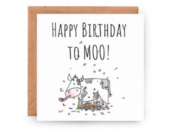 Verjaardagskaart koe, gelukkige verjaardagskaart, gelukkige verjaardag Moo, grappige verjaardagskaart, woordspeling verjaardagskaart, verjaardagskaart boerderijdieren