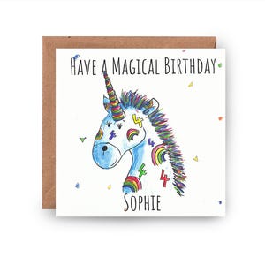Biglietto di compleanno unicorno per il 4° compleanno, biglietto di compleanno per il quarto compleanno, personalizzato, biglietto di compleanno unicorno, biglietto di compleanno, biglietto personalizzato, biglietto unicorno