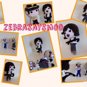 May include: A collage of crocheted figures, including a cowboy, a woman with a gun, and a zombie. The text "ZEBRASAYSMOO" is visible in the center of the image.