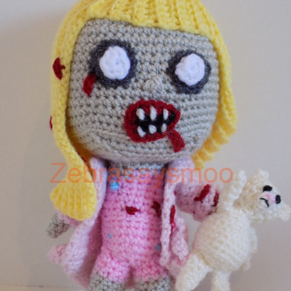 Crochet pattern zombie girl walking dead inspired creepy Halloween pop doll girly pink with teddy bear