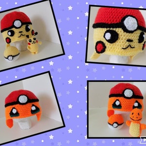 May include: Three crocheted Pokemon hats, one yellow Pikachu, one orange Charmander, and one red and white Pokeball. Each hat has a matching Pokemon character and Pokeball.
