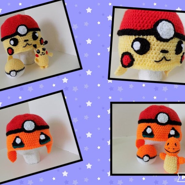 Digital crochet pattern, hat, Pokémon Pikachu, Charmander, toddler, teen, adult sizes. gift set. customize, winter hat, cosplay