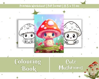 Cute Mushrooms Colouring Book – 200 Pages Printable PDF for Kids & Adults | Kawaii Forest Mushroom Coloring Sheets | Digital Download