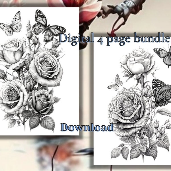 Roses Flowers and Butterfly , Set of 3 Stress Relief Coloring Pages ,Instant Digital Download JPG and PDF, Coloring for Adults and Kids