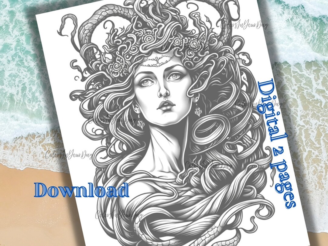 Medusa Gorgon , 2 Printable Coloring Pages for Adults , Instant Digital ...