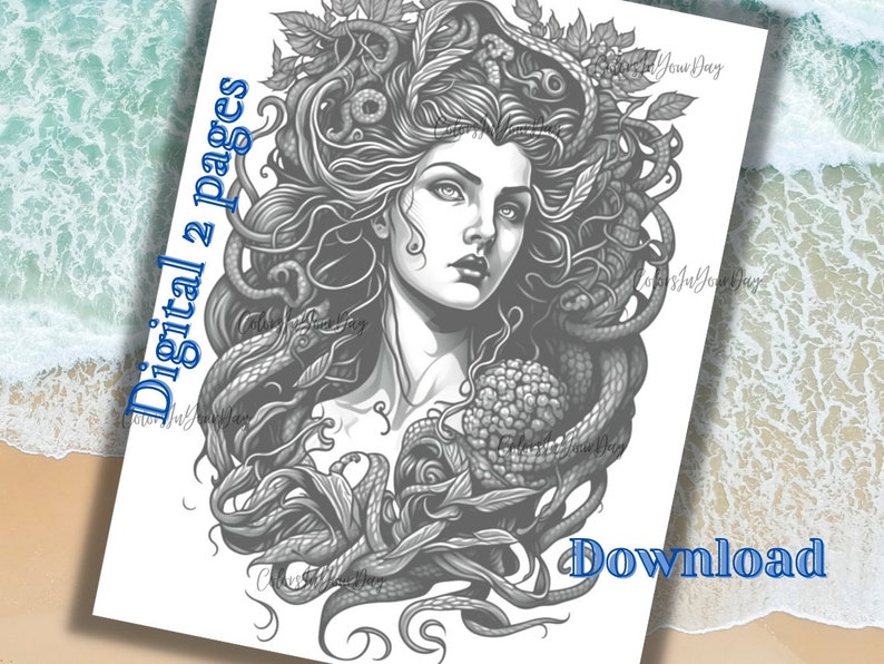 Medusa Gorgon , 2 Printable Coloring Pages for Adults , Instant Digital ...