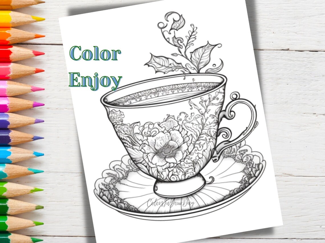 Set of 7 Tea Cup Coloring Pages for Adults, Printable JPG and PDF Files