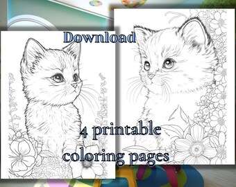 Cute Floral Kitty Printable Set of 4 Coloring Pages, AI generated, for Adults and Kids, Instant digital Download.