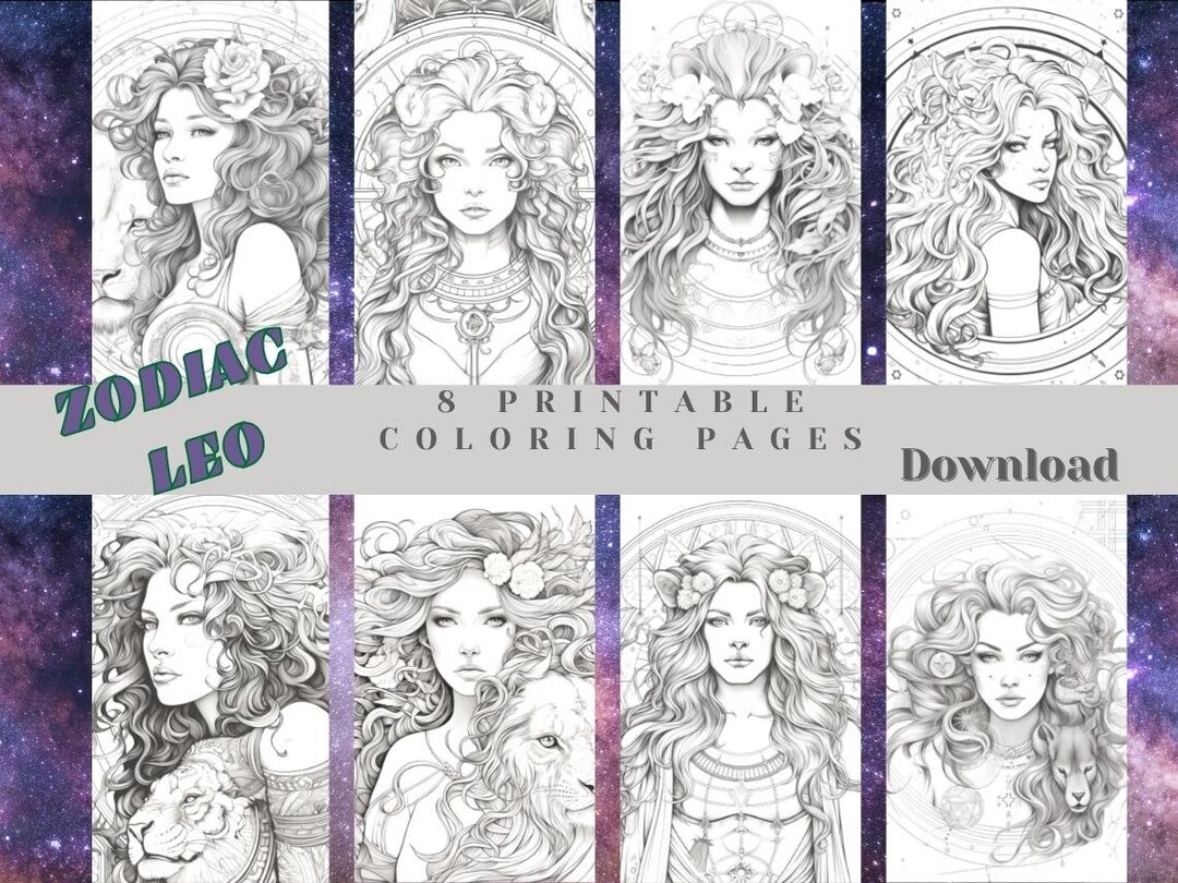Zodiac Sign Leo 8 Printable Coloring Pages for Adults and Teen, Instant ...