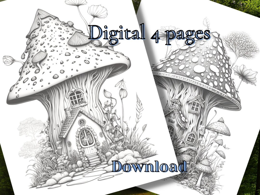 Mushroom Fairy House Set of 4 Coloring Pages, AI Generated Fantasy ...