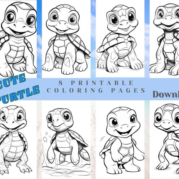 Cute Turtle set of 8 Printable Coloring Pages for Adults and Kids, Instant digital Download JPG and PDF Files.