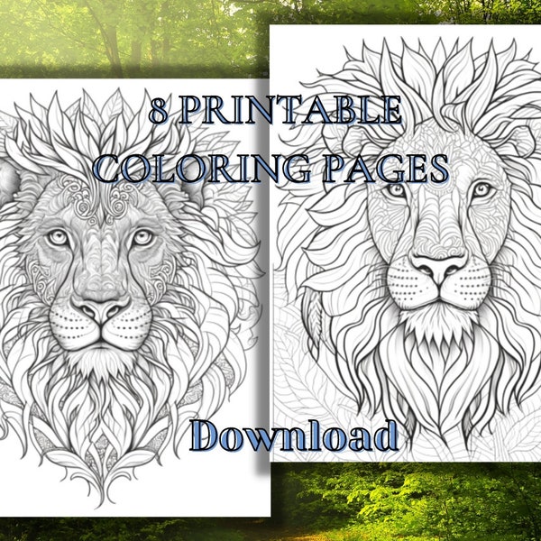 Lion Mandala set of 8 printable Coloring Pages for Adults, AI generated, Instant digital downloads JPF and PDF.