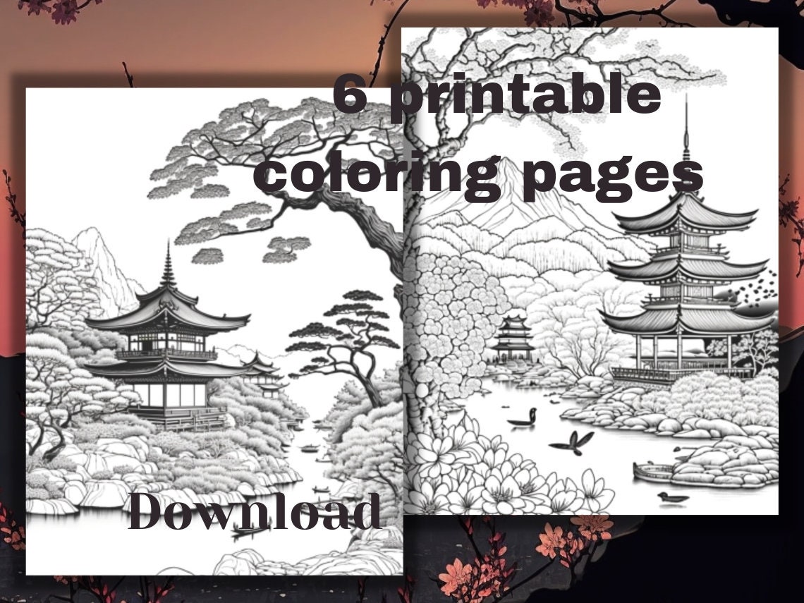 Japan Landscape 6 Printable Coloring Pages for Adults and Kids, Instant ...