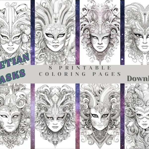 Venetian Masks 8 Printable Coloring Pages for Adults , Instant digital Downloads JPG and PDF Files.