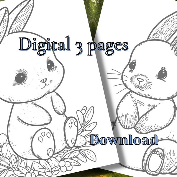 Cute Baby Bunny, Set of 3 Coloring Pages, AI generated, for Adults and Kids.