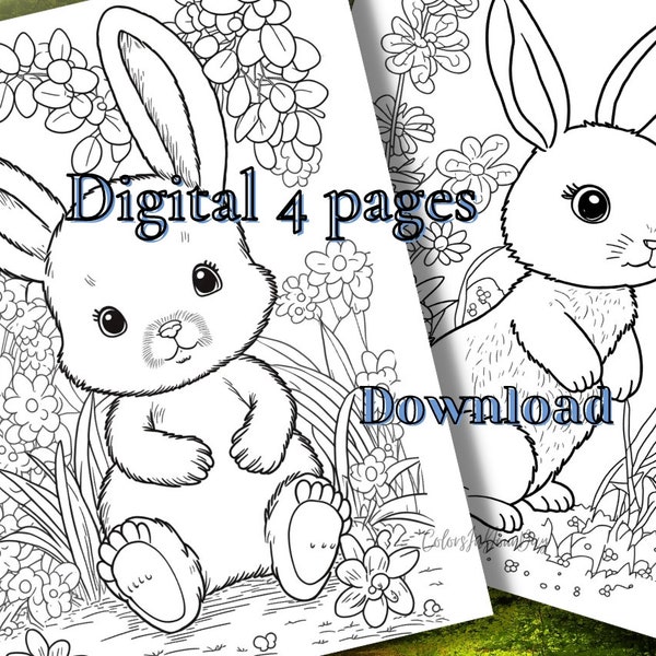 Cute Floral Bunny Printable set of 4 coloring pages for Adults and Kids, AI generated, Instant digital Download JPG and PDF.