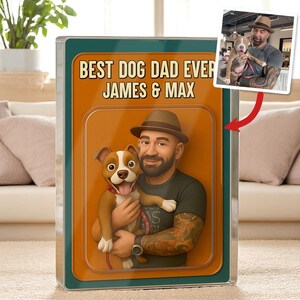 Custom Dog Dad Portrait Acrylic Block, 3D Cartoon Pet and Owner Figurine Gift, Dog Lover Gift for Him, Pet Photo to Figurine Art