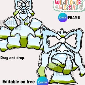 May include: Two cartoon illustrations of a character with a bow, a face, and a bell-shaped body. The character is light blue with green and white accents. Text includes "Wildflowers Blessing", "Canva FRAME", "Drag and drop", and "Editable on free Canva".