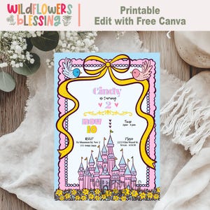 Invitation d'anniversaire château imprimable et étiquette, invitation modifiable sur toile gratuite, design dessiné main, anniversaire enchanté
