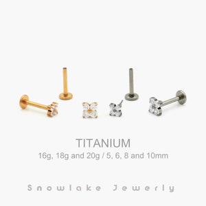 20G/18G/16G CZ Flower Push Pin Labret - Threadless Flat Back Earring - Flat Back Stud - Nose Stud - Tragus Stud - Helix/Cartilage Stud