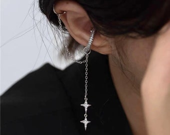 Ear Cuff Star Chain Earring - Chain Ear Cuffs - Long Ear Cuffs - Silver Ear Cuffs - Ear Cuff No Piercing - Ear Crawler - Fake Piercing