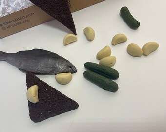 Fish- Garlic-Bread- Cucumber Belgium chocolate, ultra realistic shaped unique handmade chocolate, Gift for Chef -Gift for her