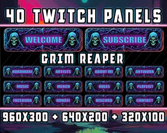 Dystopian Grim Reaper Twitch Panels,40 Transparent PNG,3 Sizes (320x100,640x200 and 960x300),Neon Style Stream Panels,Stream Assets,AI art